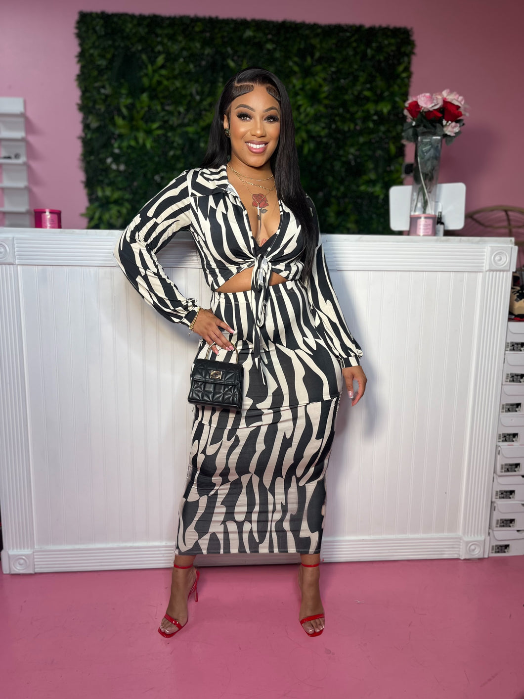 White and Black Stripe Skirt Set